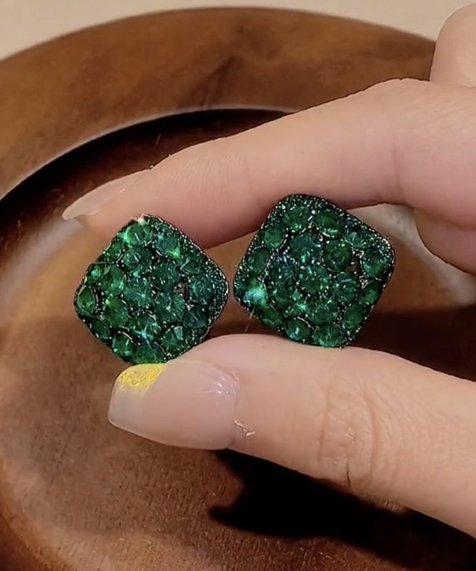 Modern Green Alloy Zircon Crystal Square Stud Earrings