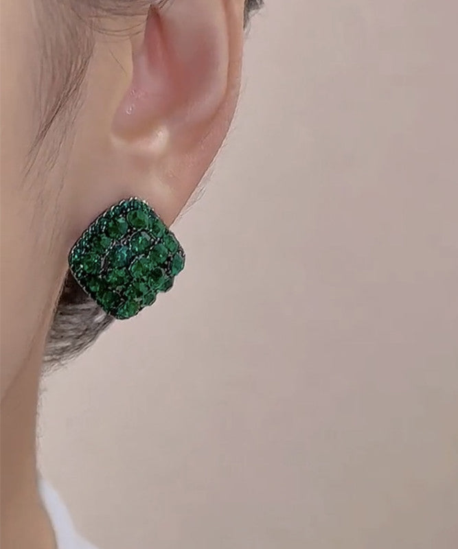 Modern Green Alloy Zircon Crystal Square Stud Earrings