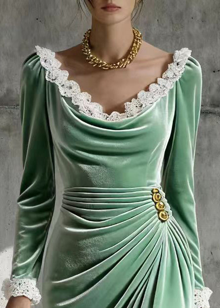 Modern Green Lace Patchwork Wrinkled Silk Velvet Dress Spring