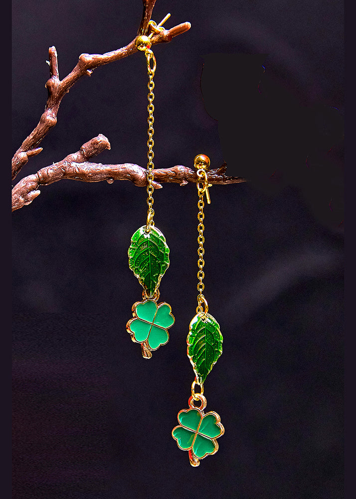 Modern Green Leaf Metal Tassels Drop Earrings - Omychic
