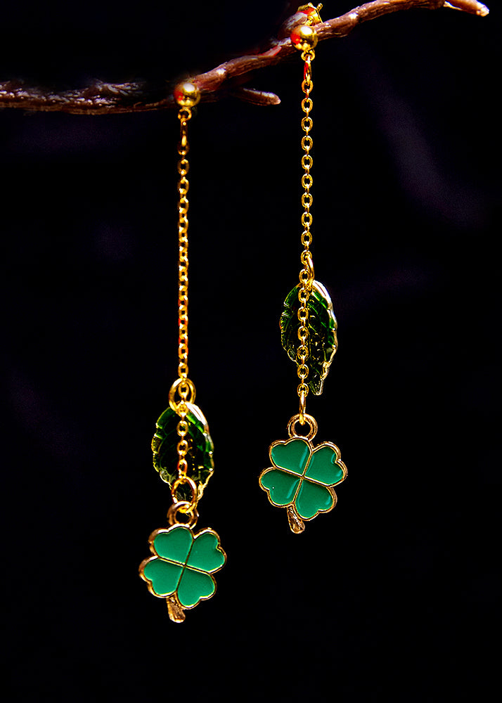 Modern Green Leaf Metal Tassels Drop Earrings