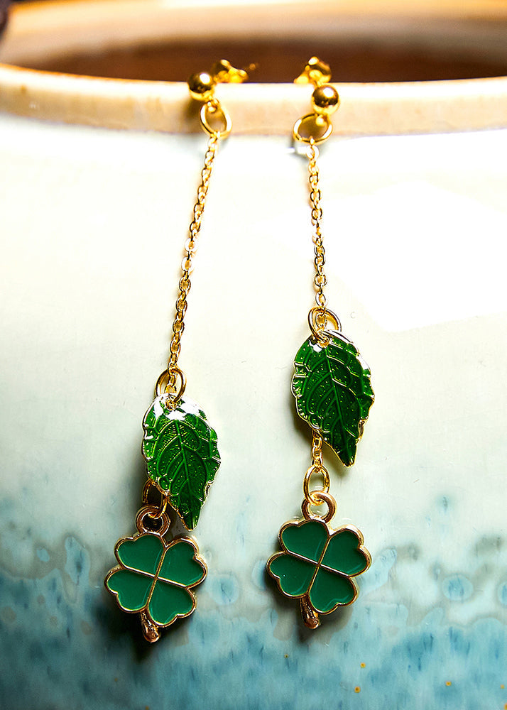 Modern Green Leaf Metal Tassels Drop Earrings