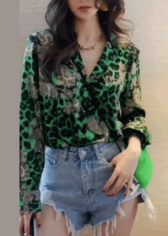 Modern Green Leopard Print Chiffon Blouse Top Fall