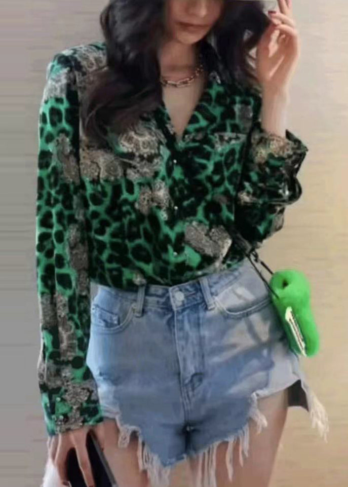 Modern Green Leopard Print Chiffon Blouse Top Fall
