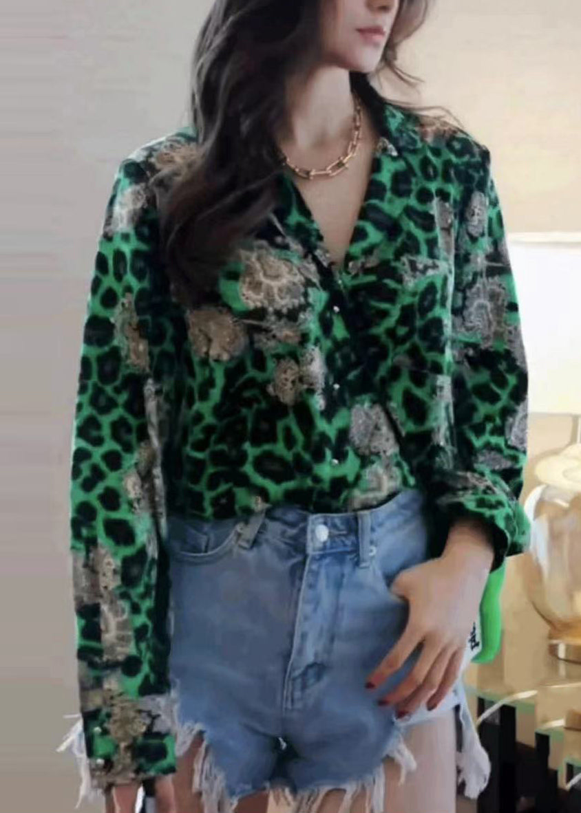 Modern Green Leopard Print Chiffon Blouse Top Fall