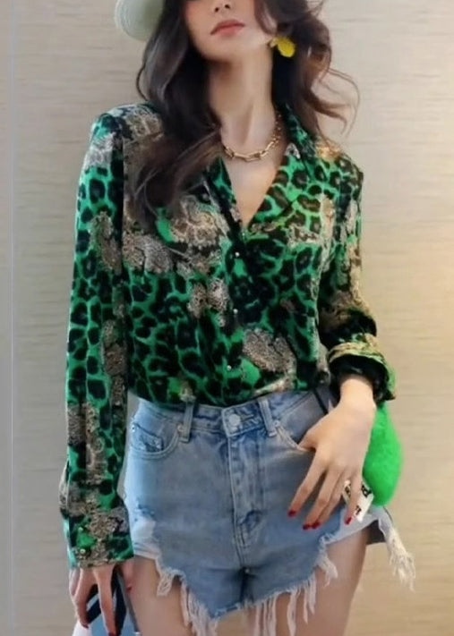Modern Green Leopard Print Chiffon Blouse Top Fall