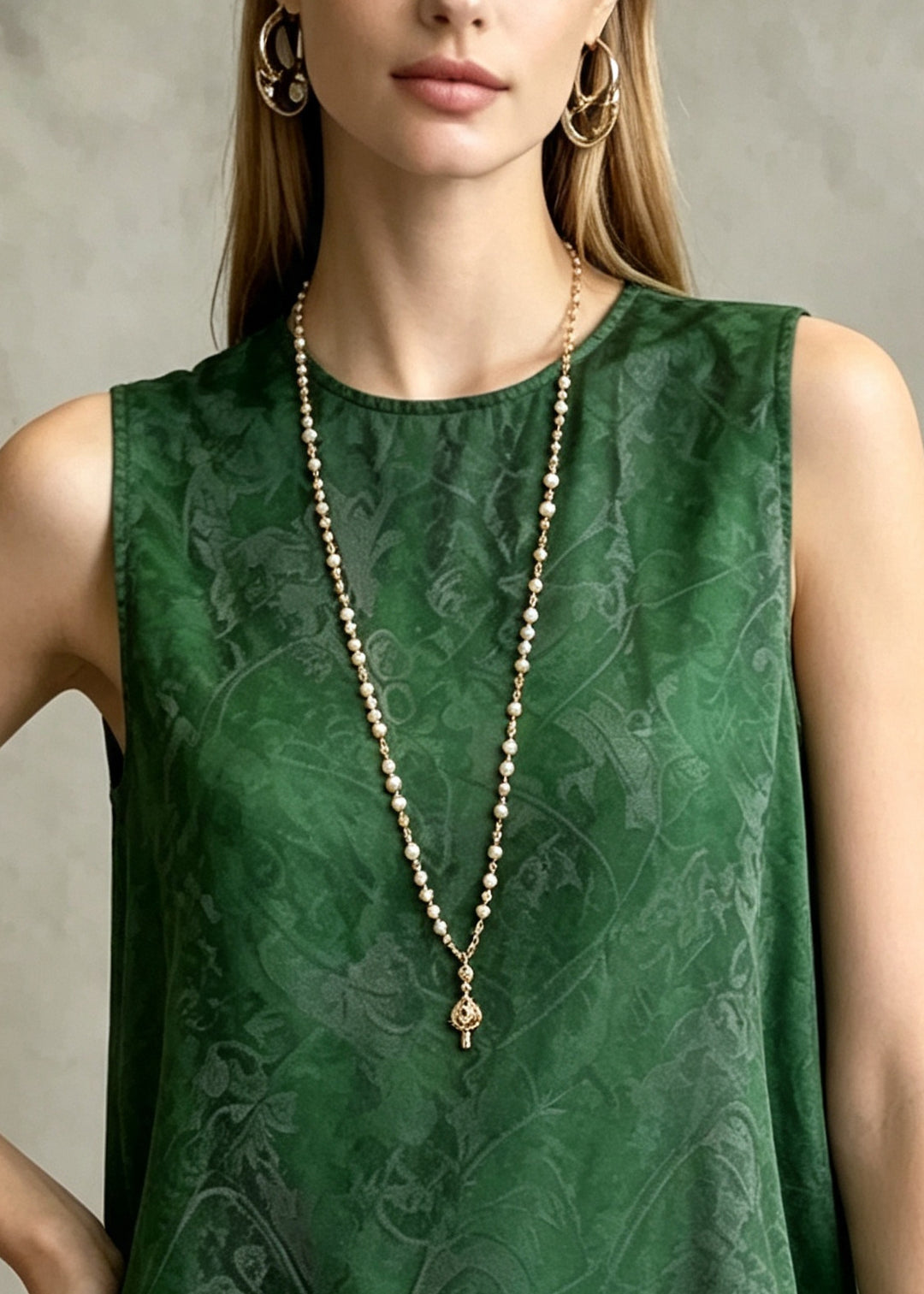 Modern Green O-Neck Print Chiffon Shirt Tops Sleeveless