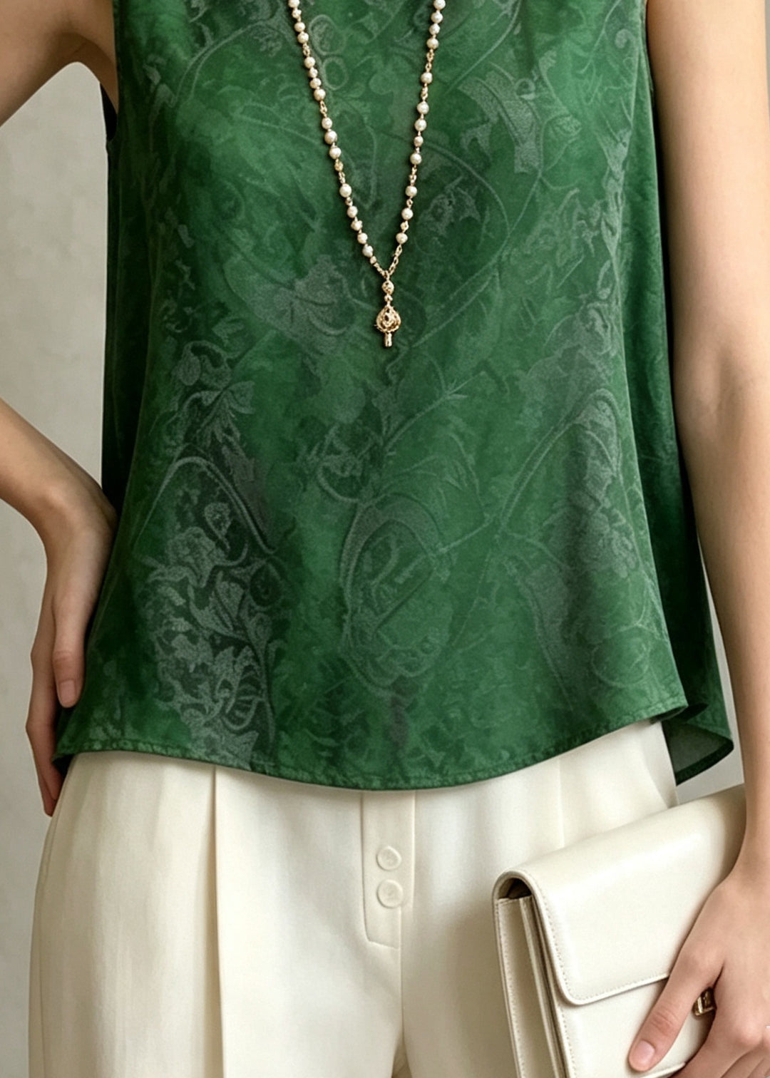 Modern Green O-Neck Print Chiffon Shirt Tops Sleeveless