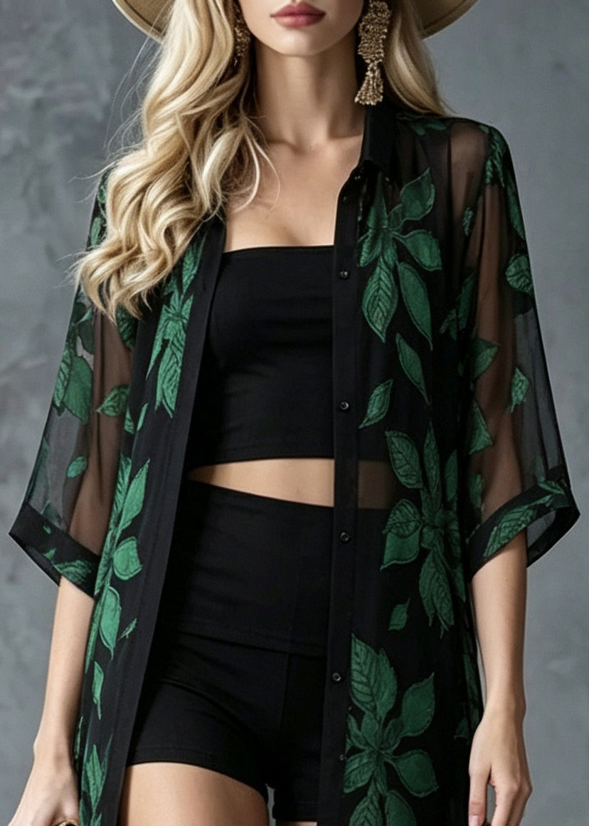 Modern Green Oversized Print Chiffon UPF 50+ Cardigan Summer