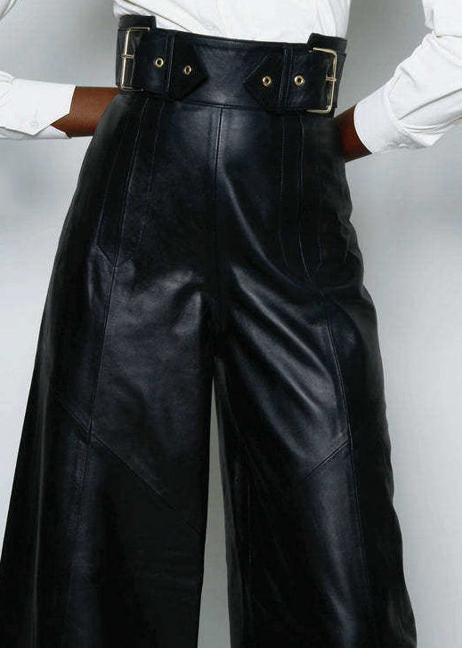 Modern Green Pockets High Waist Faux Leather Wide Leg Pants Spring