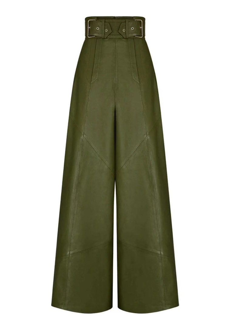 Modern Green Pockets High Waist Faux Leather Wide Leg Pants Spring