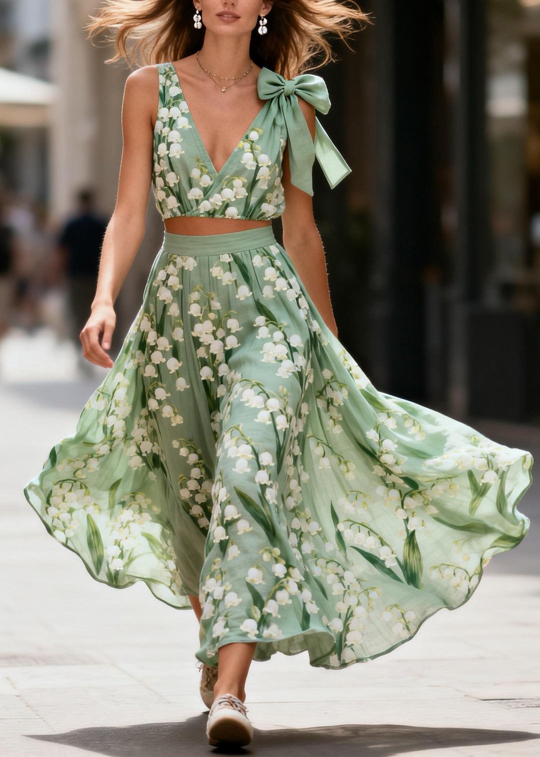 Modern Green Print Exra Large Hem Cotton Two Pieces Set Summer