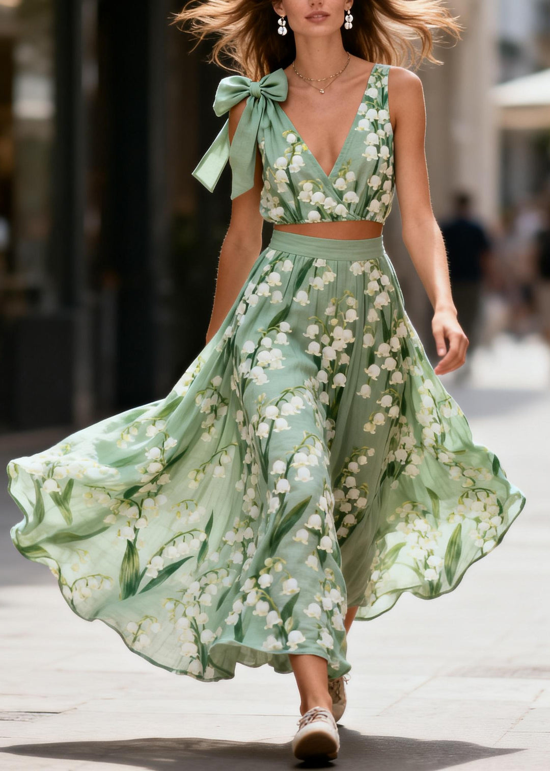 Modern Green Print Exra Large Hem Cotton Two Pieces Set Summer