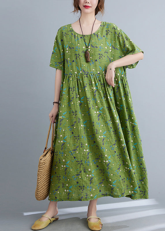 Modern Green Print Wrinkled Long Dresses Summer