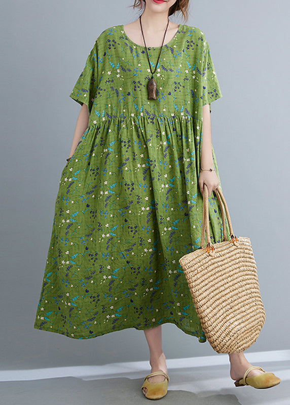 Modern Green Print Wrinkled Long Dresses Summer