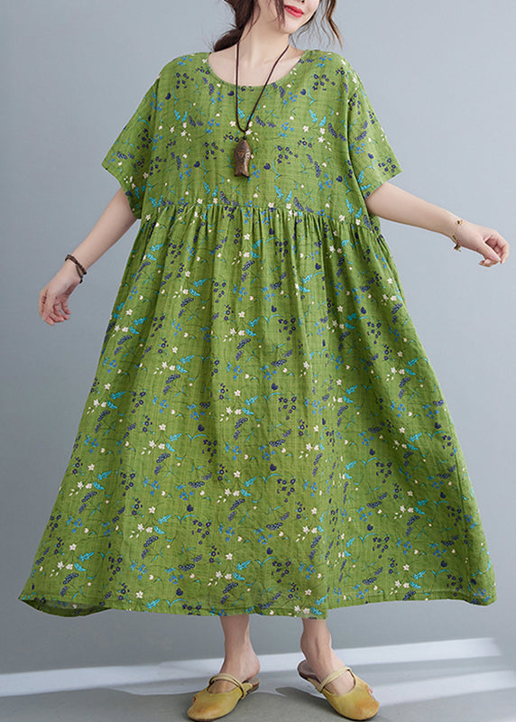 Modern Green Print Wrinkled Long Dresses Summer