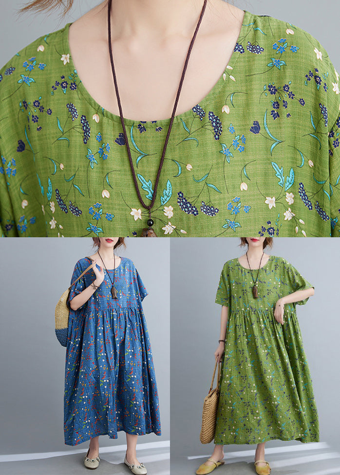 Modern Green Print Wrinkled Long Dresses Summer