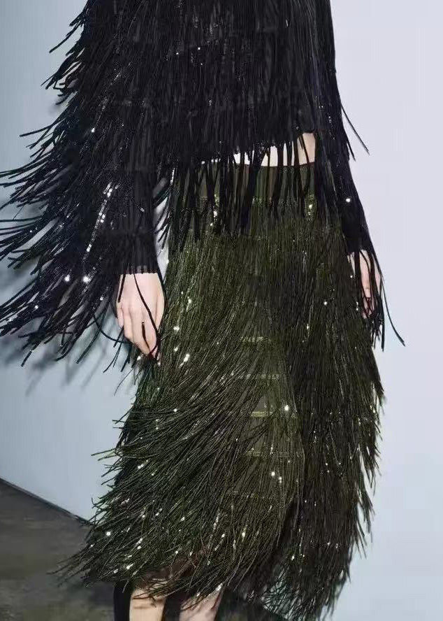 Modern Green Tassel Polyester Sequins Skirt Spring