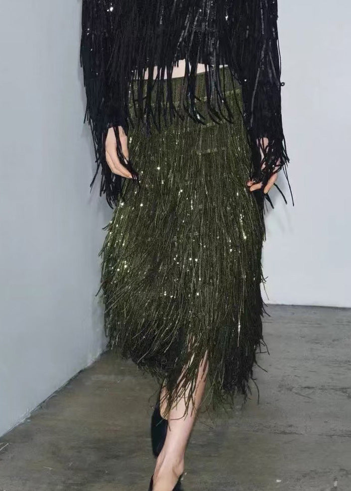 Modern Green Tassel Polyester Sequins Skirt Spring
