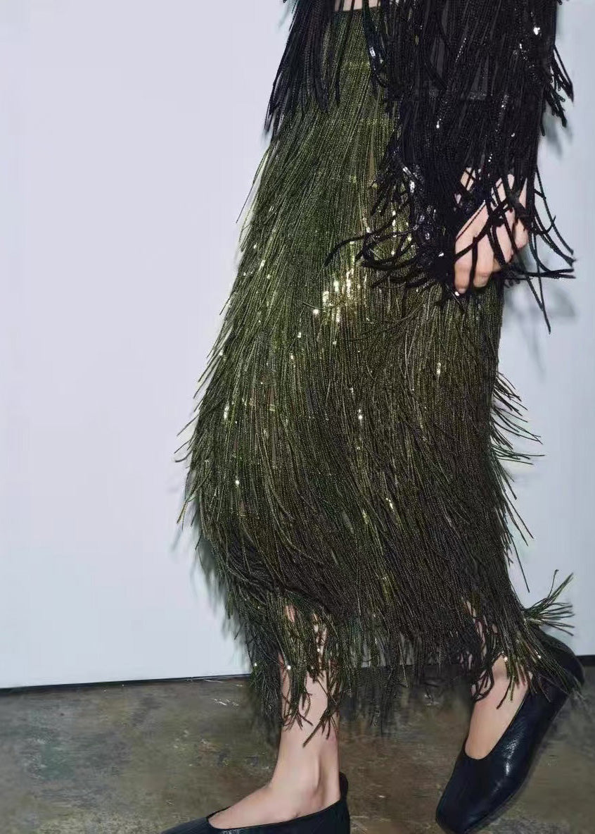 Modern Green Tassel Polyester Sequins Skirt Spring