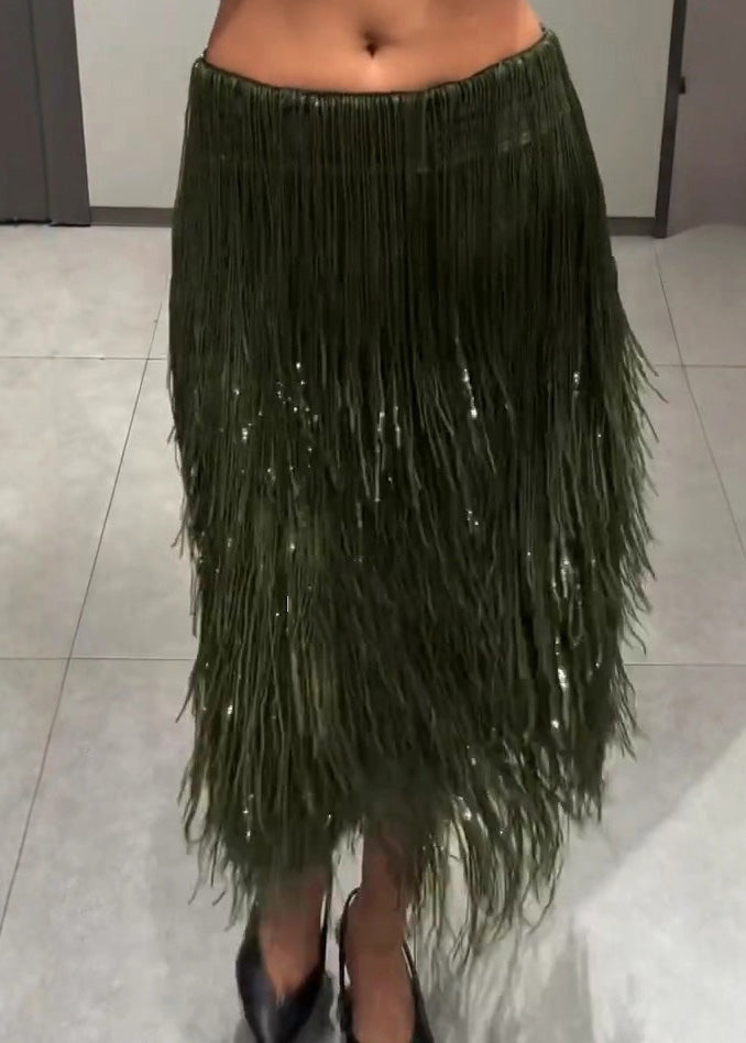 Modern Green Tassel Polyester Sequins Skirt Spring