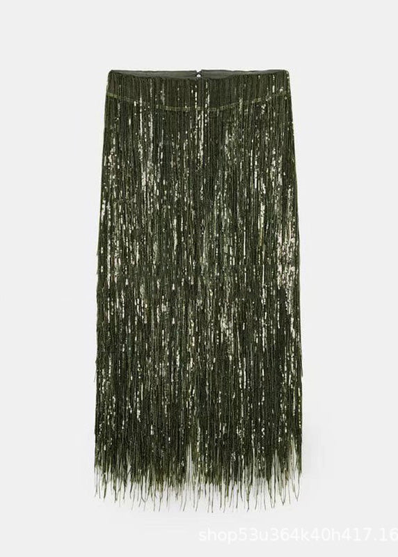 Modern Green Tassel Polyester Sequins Skirt Spring