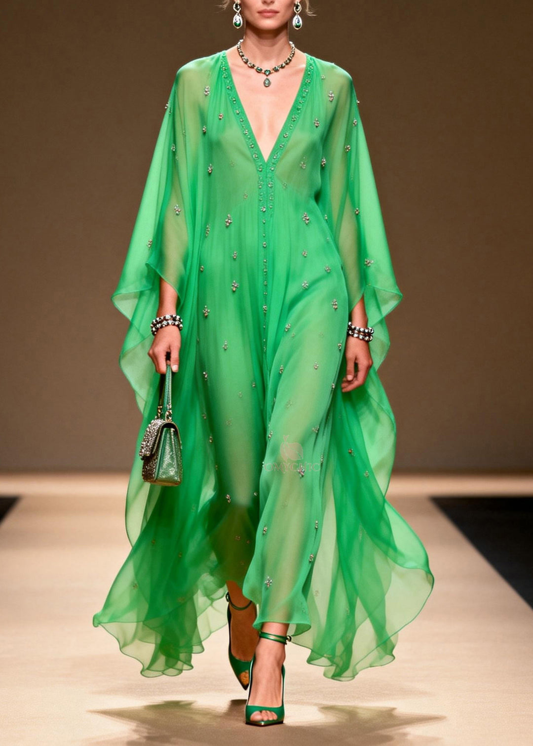 Modern Green V Neck Zircon Chiffon Long Dress Spring