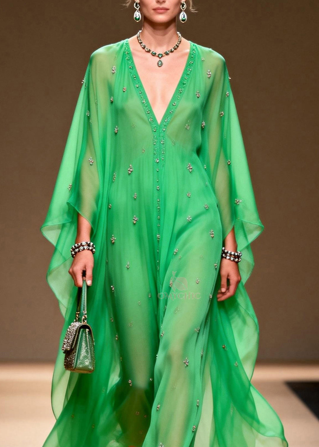 Modern Green V Neck Zircon Chiffon Long Dress Spring