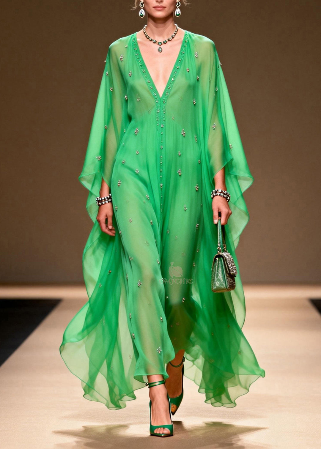Modern Green V Neck Zircon Chiffon Long Dress Spring