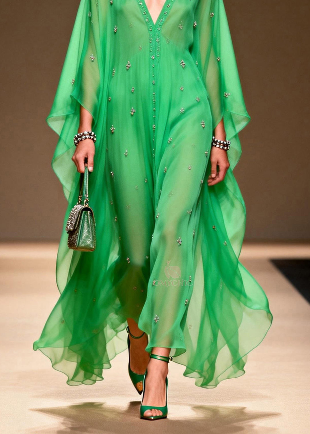 Modern Green V Neck Zircon Chiffon Long Dress Spring