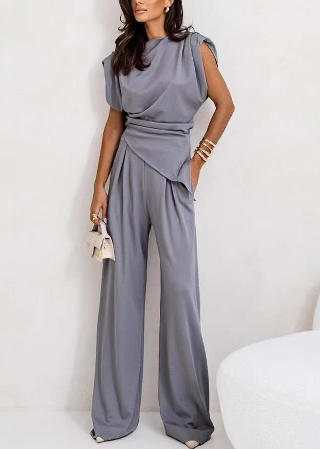 Modern Grey Asymmetrical Cotton 2 Piece Outfit Sleeveless