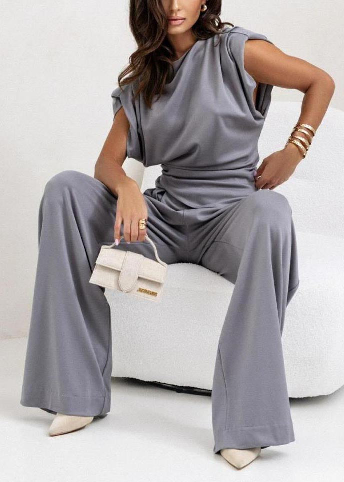 Modern Grey Asymmetrical Cotton 2 Piece Outfit Sleeveless