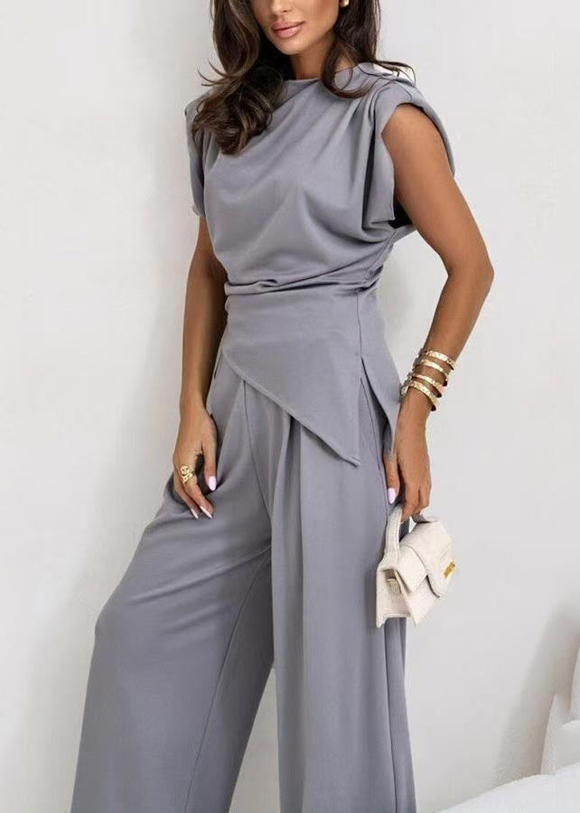 Modern Grey Asymmetrical Cotton 2 Piece Outfit Sleeveless