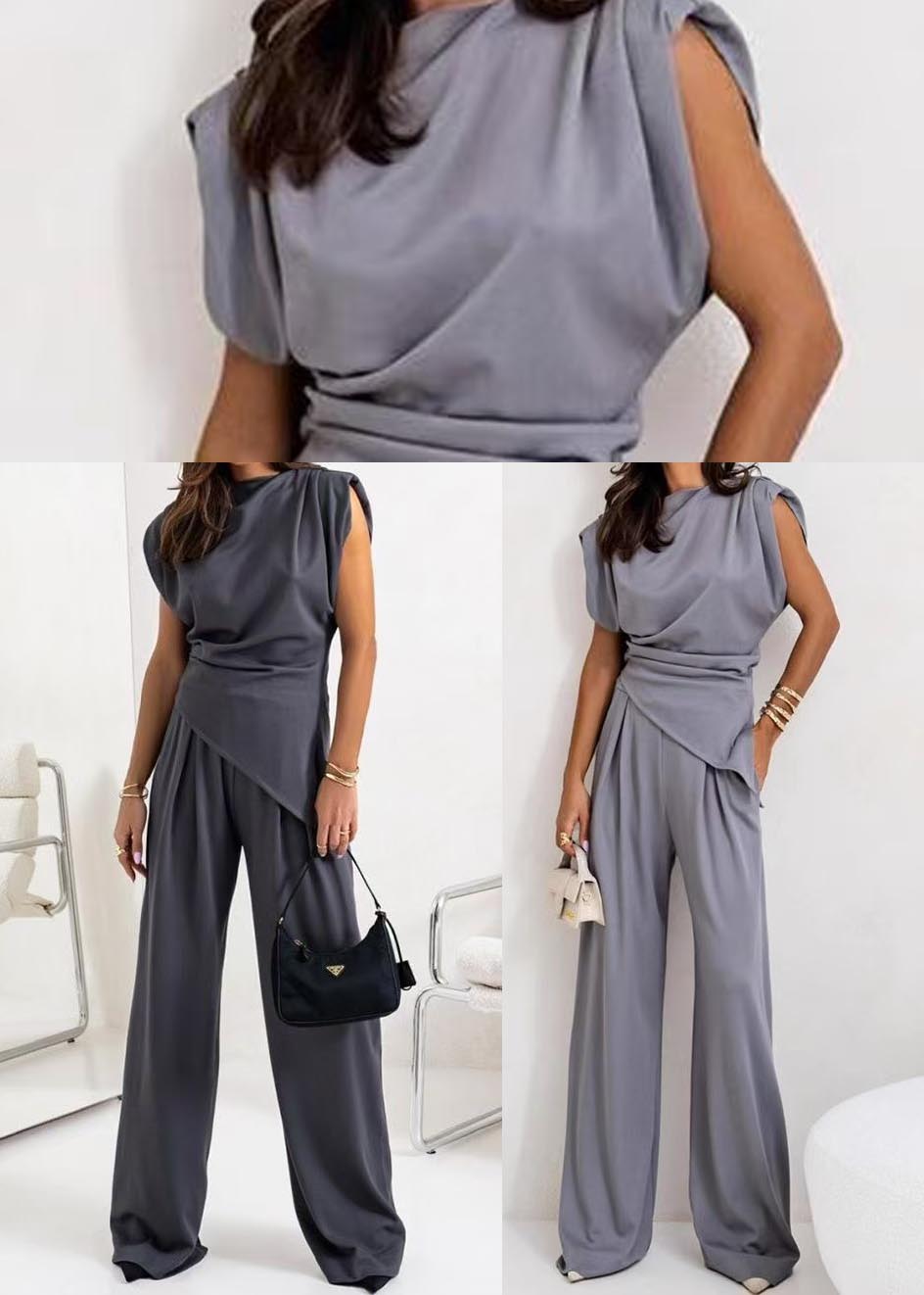 Modern Grey Asymmetrical Cotton 2 Piece Outfit Sleeveless