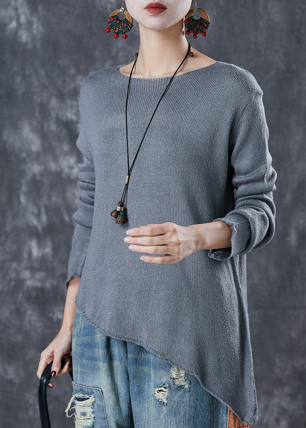 Modern Grey Asymmetrical Design Knit Sweater Spring