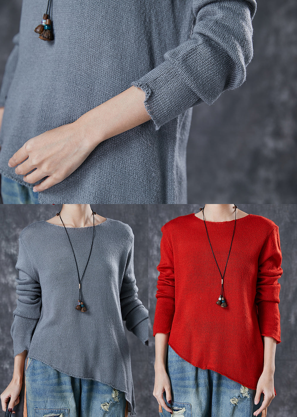 Modern Grey Asymmetrical Design Knit Sweater Spring