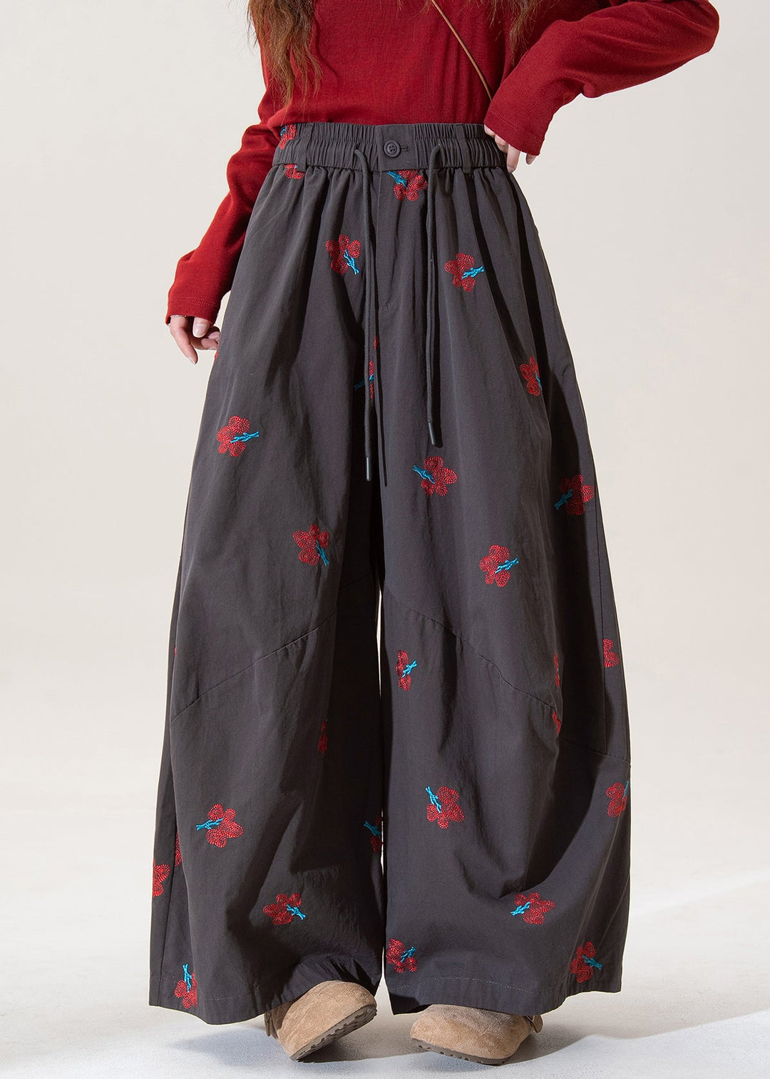 Modern Grey Embroidered Pockets Cotton Wide Leg Pants Fall