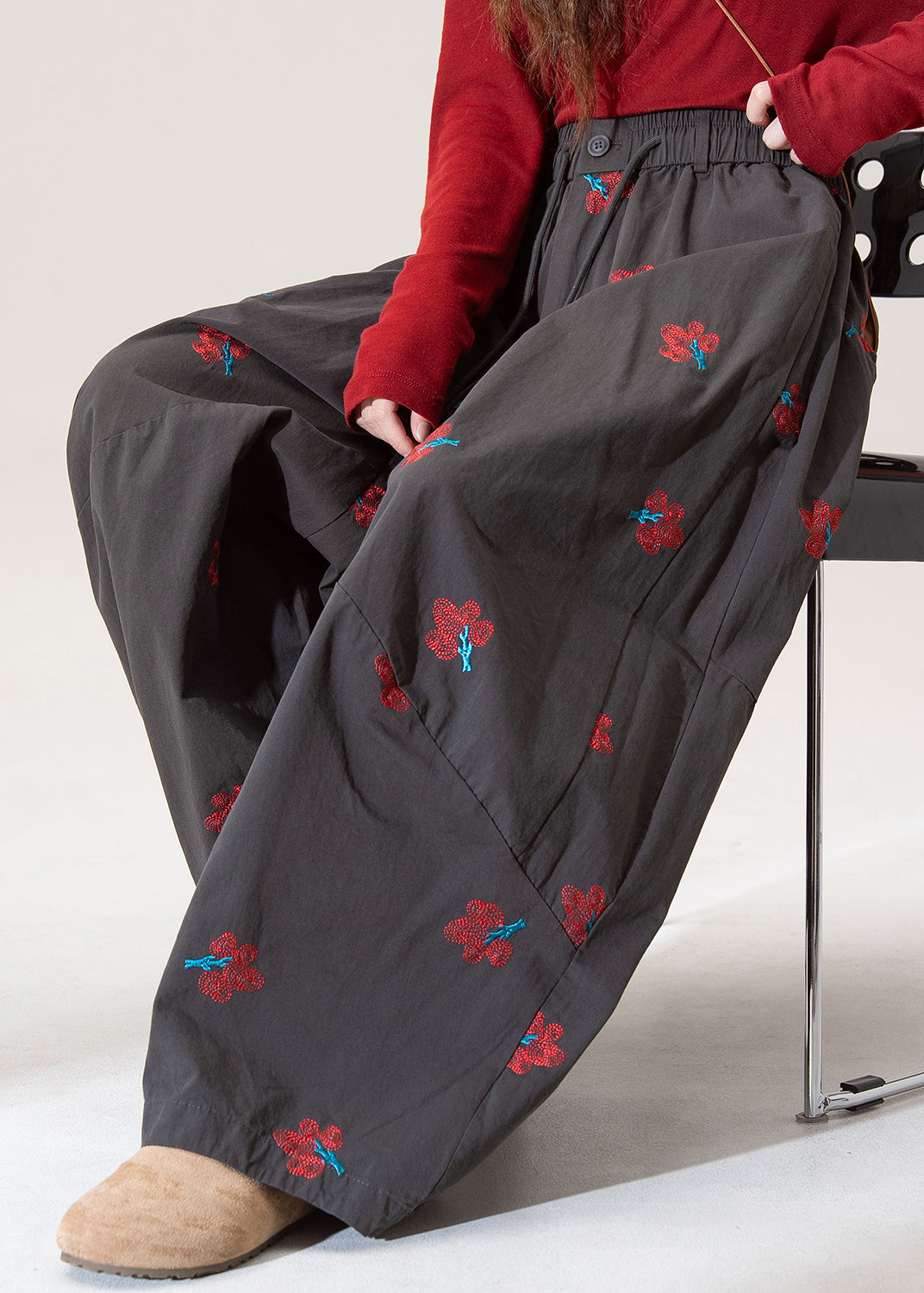 Modern Grey Embroidered Pockets Cotton Wide Leg Pants Fall