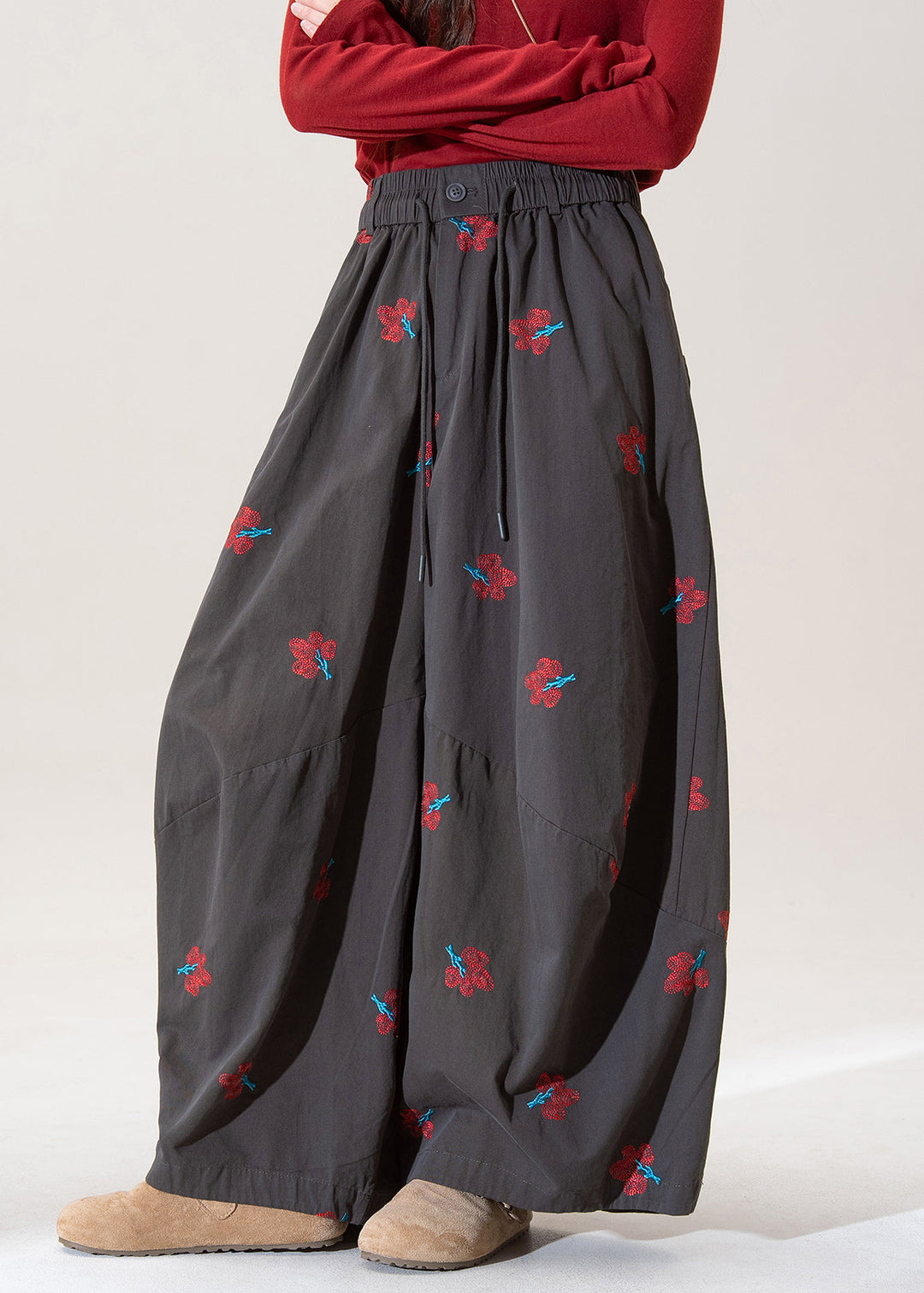 Modern Grey Embroidered Pockets Cotton Wide Leg Pants Fall
