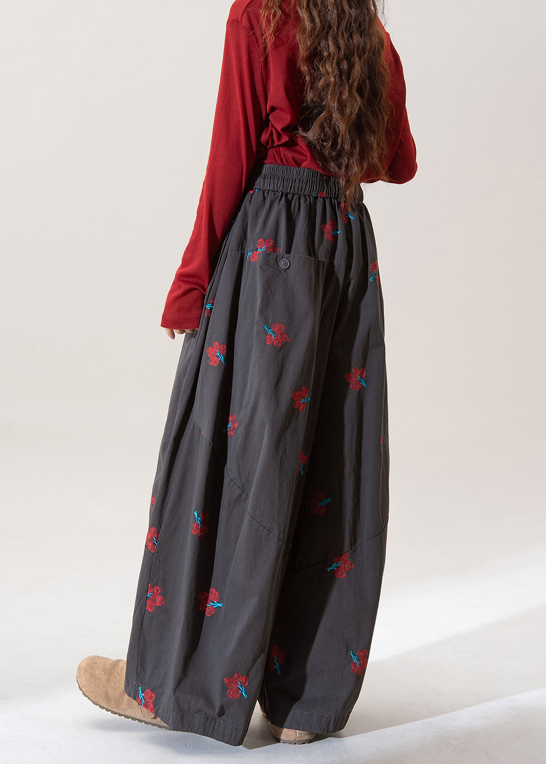 Modern Grey Embroidered Pockets Cotton Wide Leg Pants Fall
