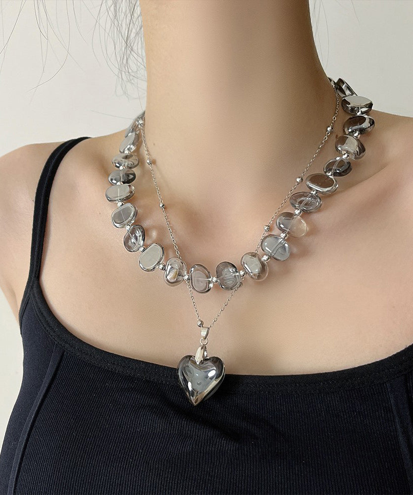 Modern Grey Metal Alloy Acrylic Asymmetrical Crystal Double Layer Love Pendant Necklace