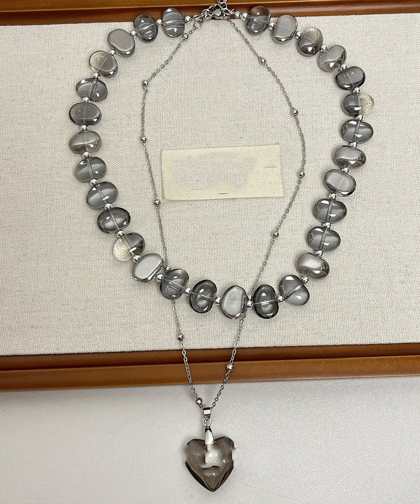 Modern Grey Metal Alloy Acrylic Asymmetrical Crystal Double Layer Love Pendant Necklace