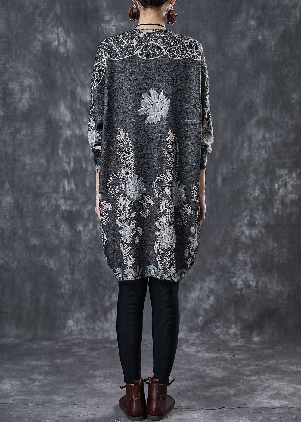 Modern Grey Oversized Print Knitwear Dress Spring