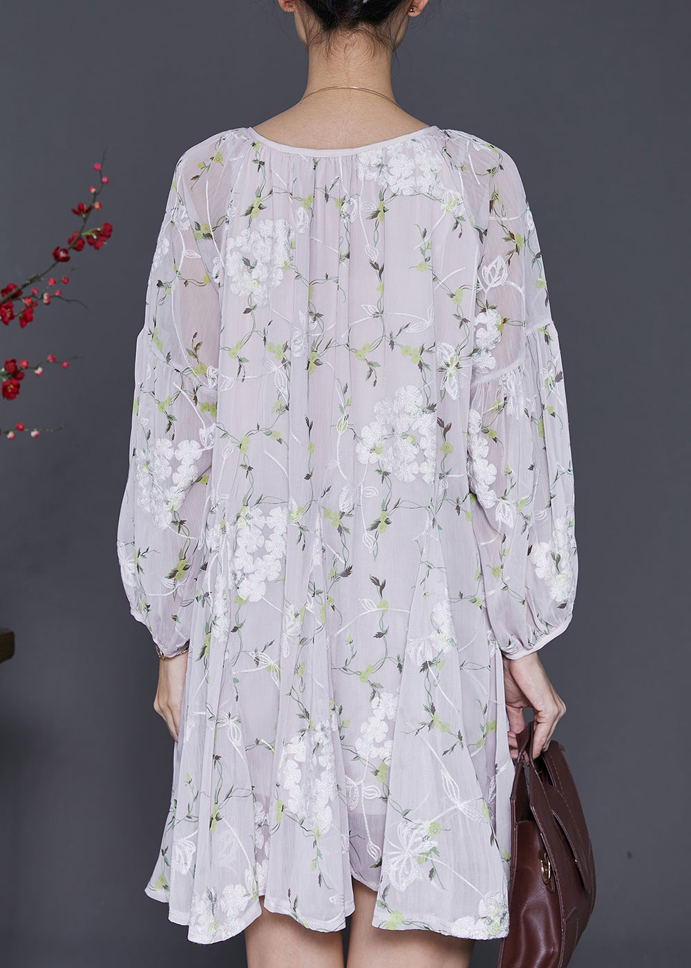 Modern Grey Print Lace Up Chiffon Mini Dress Spring