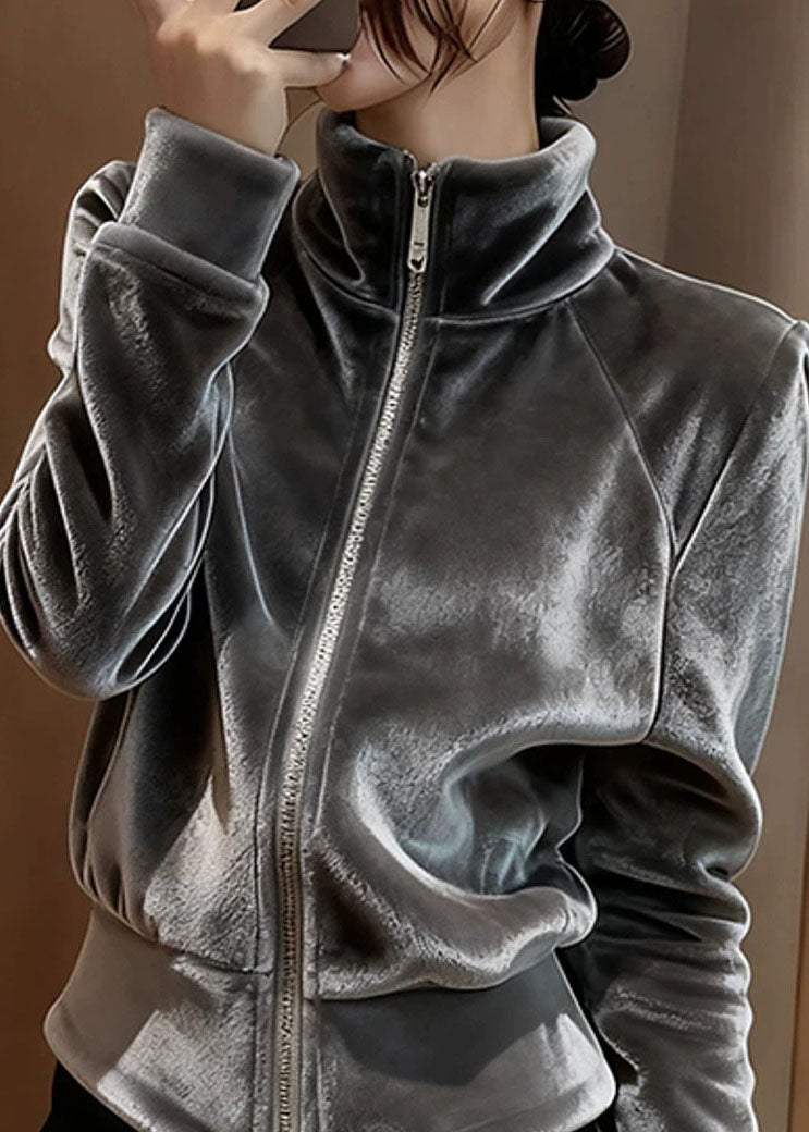 Modern Grey Stand Collar Zippered Silk Velvet Coat Fall
