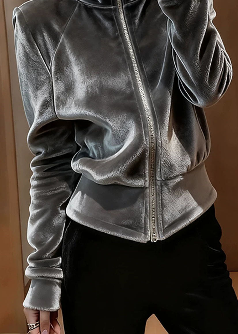 Modern Grey Stand Collar Zippered Silk Velvet Coat Fall