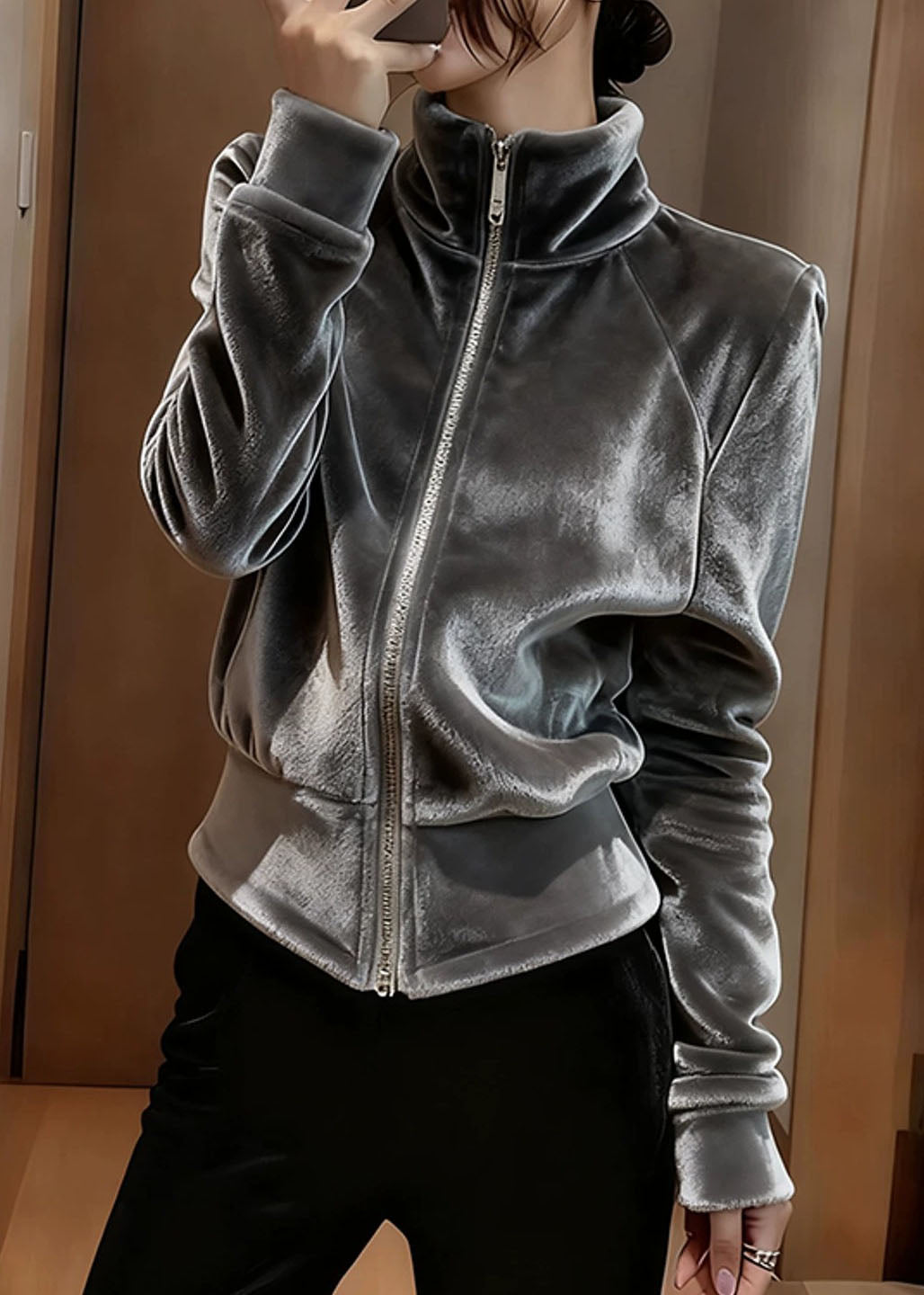 Modern Grey Stand Collar Zippered Silk Velvet Coat Fall