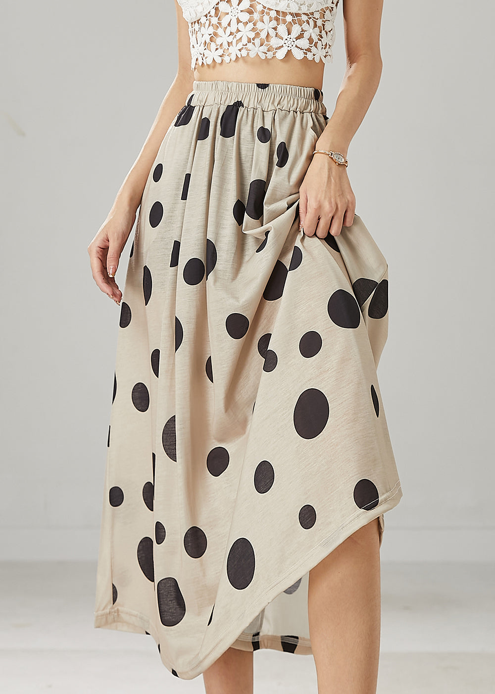 Modern Khaki Dot Print Linen A Line Skirt Summer