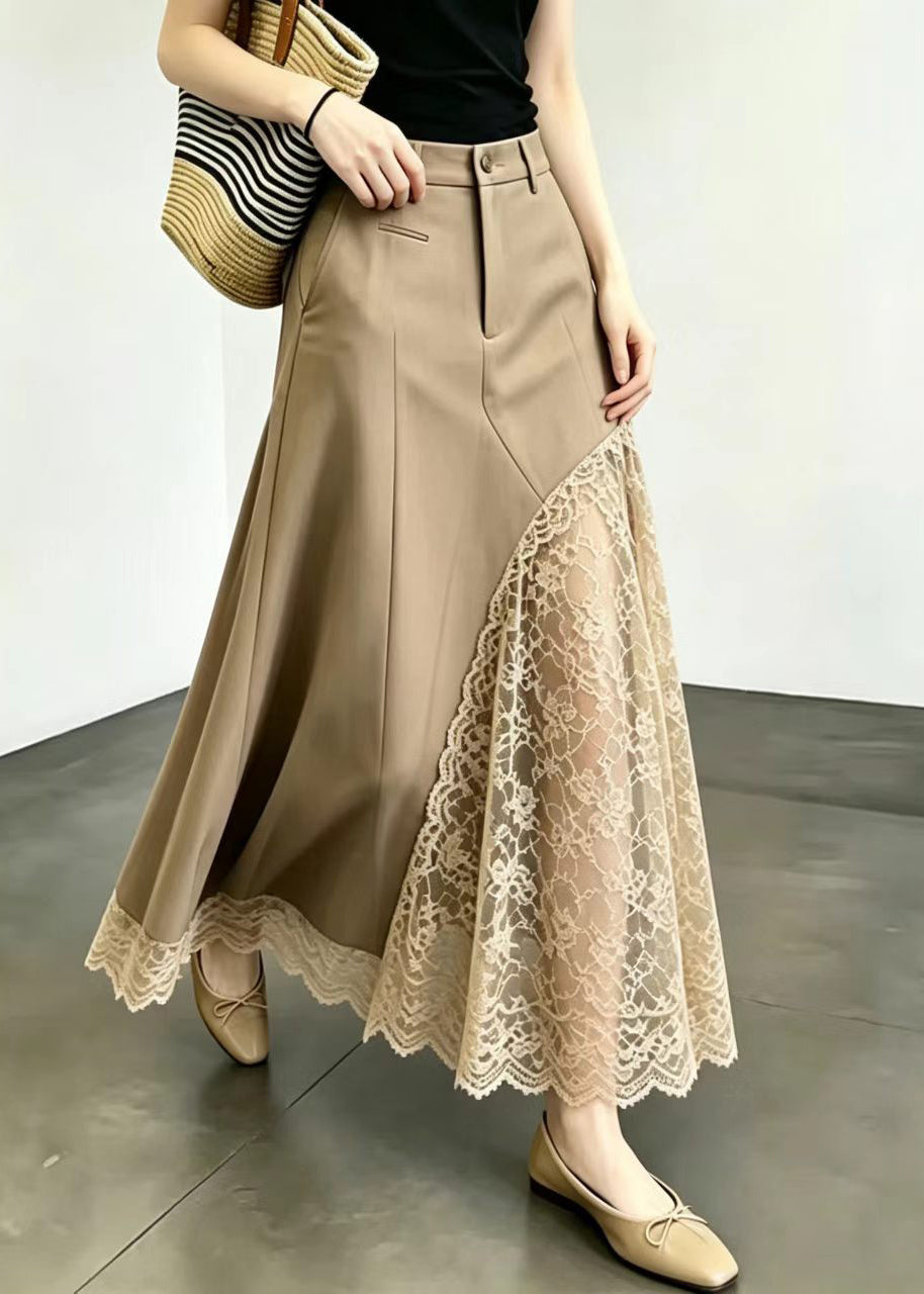 Modern Khaki High Waist Patchwork Lace Skirt Summer