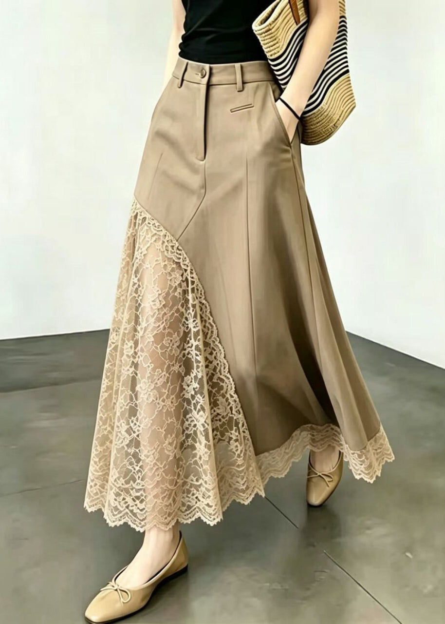 Modern Khaki High Waist Patchwork Lace Skirt Summer